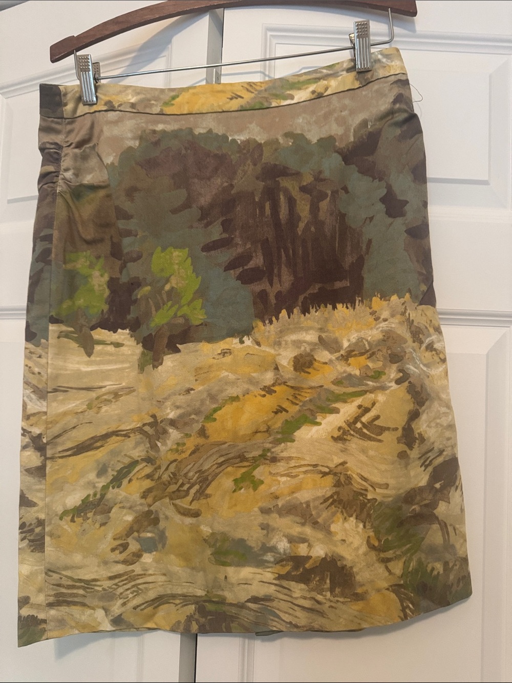 Anthropologie Painted Landscape Pencil Skirt in Green and Yellow